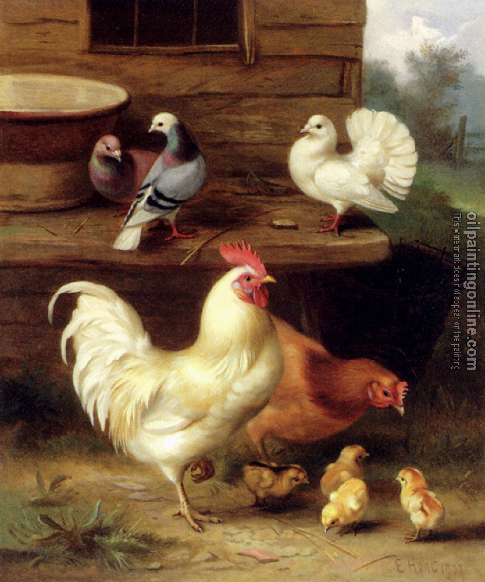 Edgar Hunt - A Cockerel Hen And Chicks With Pigeons